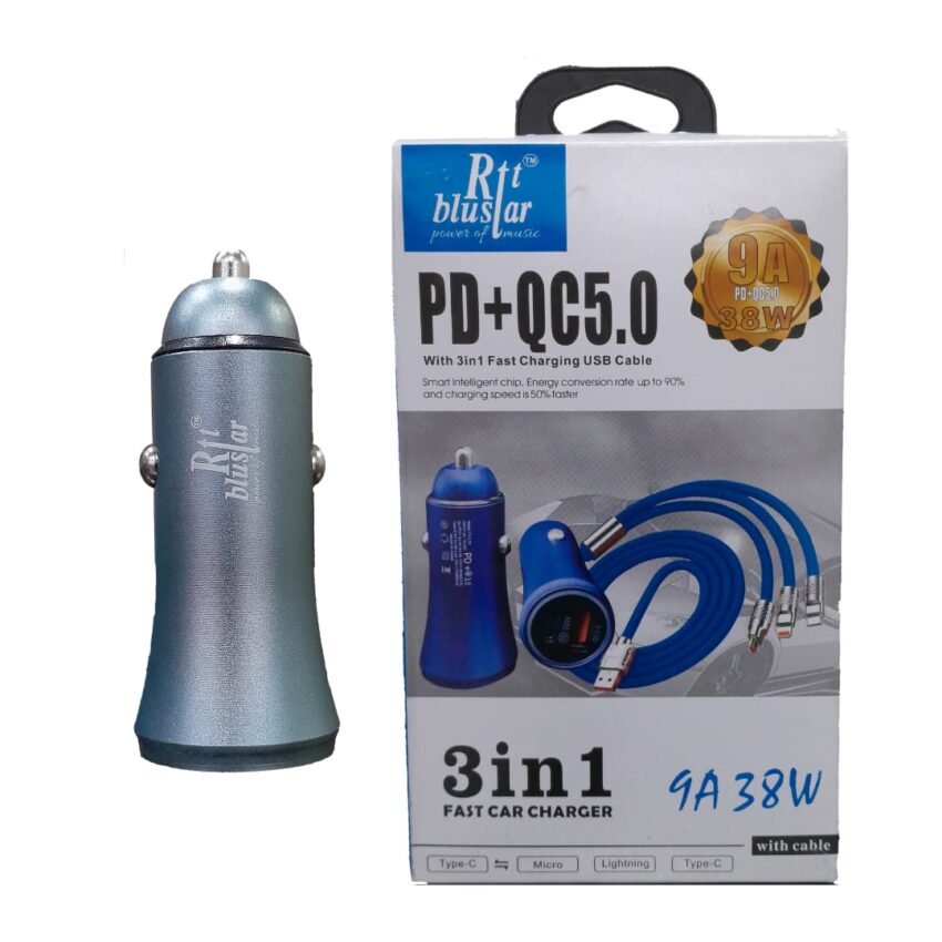 Rtt Blustar 3-in-1 Fast Car Charger | PD + QC5.0 | 38W High-Speed Charging.