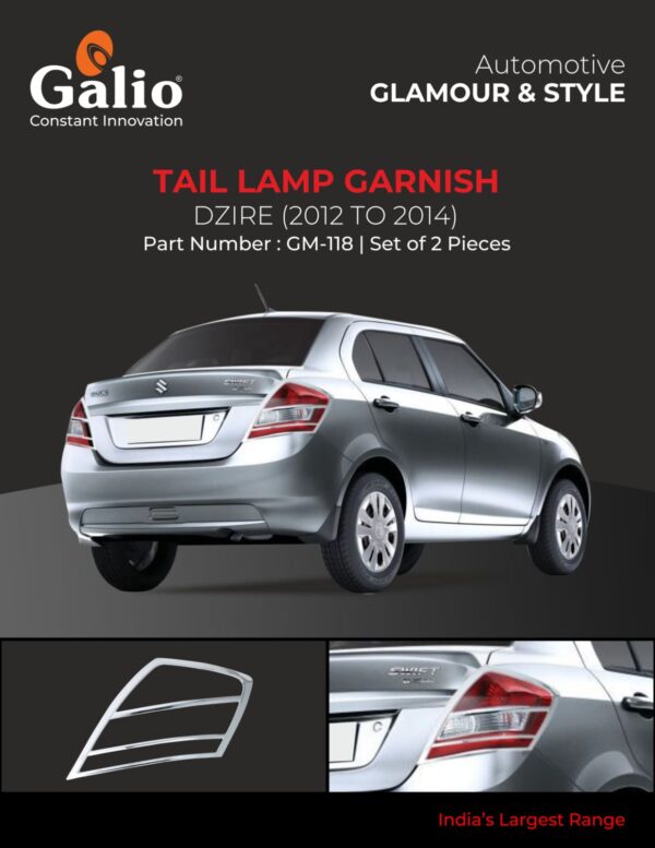 MARUTI SUZUKI DZIRE 2012 TO 2014 TAIL LAMP GARNISH – CHROME FINISH – SET OF 2 PCS