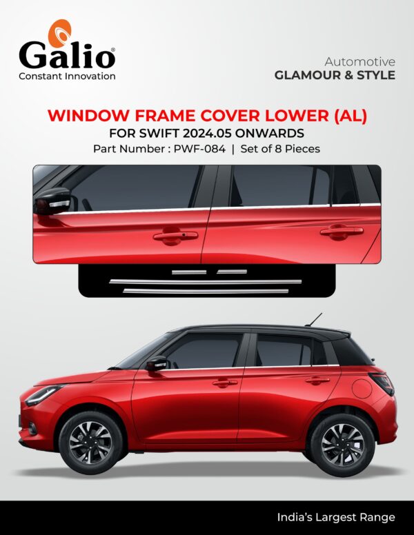 MARUTI SUZUKI SWIFT 2024 ONWARDS WINDOW FRAME COVER LOWER (ALUMINIUM FINISH) – SET OF 8 PCS