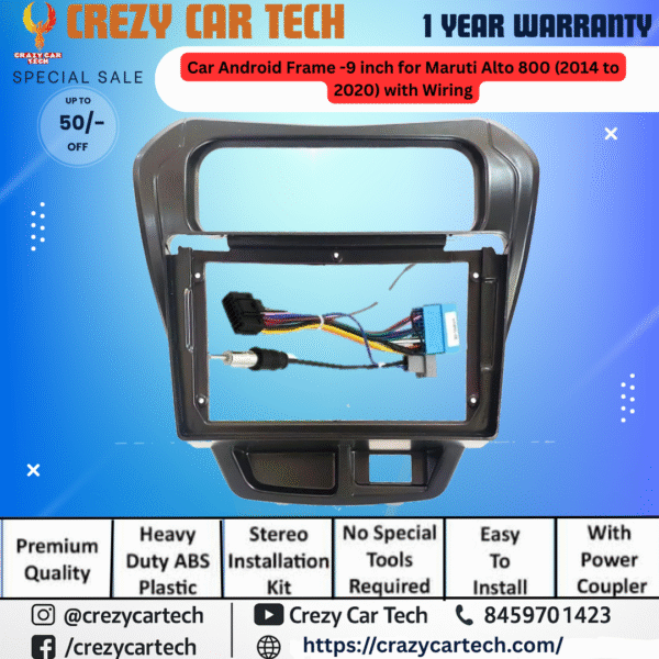 9 Inch Android Stereo Frame for Maruti Alto 800 (2014–2020) with Wiring Kit