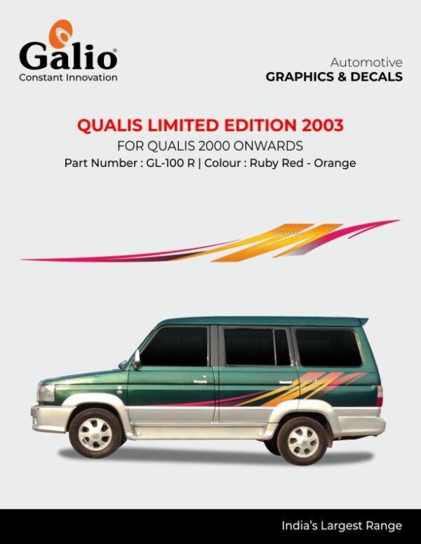 BODY GRAPHICS FOR TOYOTA QUALIS 2000 ONWARDS – PREMIUM STYLING VINYL DECAL SETRevamp the look of your Toyota Qualis 2000 Onwards with this premium-quality Body Graphics set. Designed specifically for the contours and body lines of the Qualis, this graphic kit enhances your vehicle’s road presence with a stylish and sporty appeal. Weather-resistant and fade-proof, it ensures long-lasting aesthetics for your car.  ✅ BULLET FEATURES: ✅ Custom-designed for Toyota Qualis 2000 Onwards  ✅ High-grade vinyl ensures durability and a premium look  ✅ UV and water-resistant – no fading or peeling over time  ✅ Easy to apply – comes pre-cut for precise vehicle fitment  ✅ Enhances the visual appeal and makes your vehicle stand out  ✅ Single complete set for both vehicle sides  ✅ Clean removal – no damage to the vehicle's paint