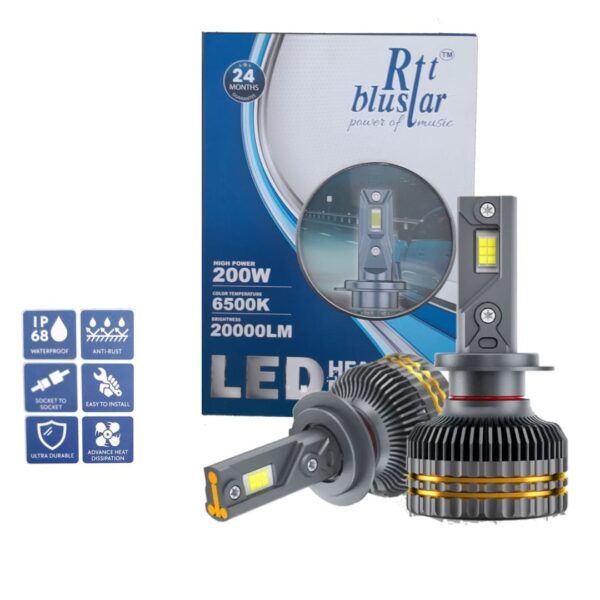 RTT BLUSTAR 200W LED Headlight Bulbs (Set of 2) – 6500K Cool White, 20,000LM Brightness, IP68 Waterproof, Easy Plug & Play, Long-Lasting Car & Bike LED Lights