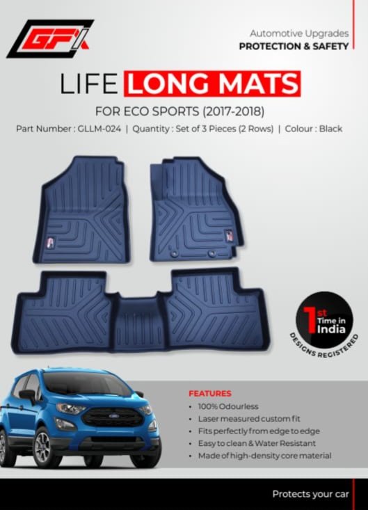 GFX Life Long Mats for Ford EcoSport 2017–2018 (Set of 3 | 2 Rows) – Custom-Fit TPV, Waterproof, Odourless, All-Weather Protection