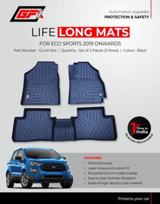 GFX Life Long Mats for Ford EcoSport 2019 Onwards (Set of 3 Pcs | 2 Rows) – Premium Custom Fit Car Mats