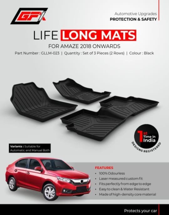 GFX Life Long Mats for Honda Amaze 2018 Onwards (Set of 3 Pcs | 2 Rows) – Waterproof & Durable Car Mats