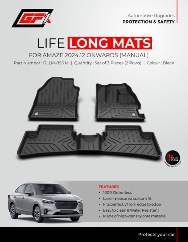 GFX Life Long Mats for Honda Amaze 2024.12 Onwards (Manual) – Set of 3 Pcs (2 Rows)