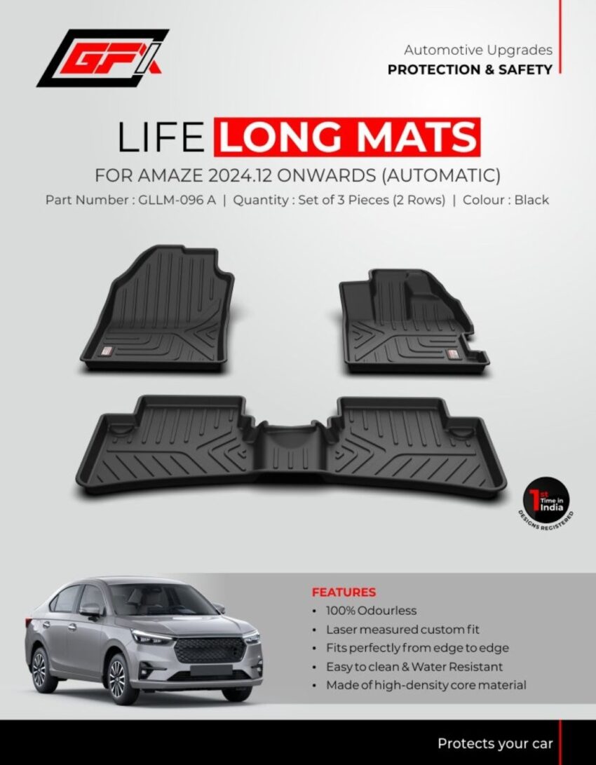 GFX Life Long Mats for Honda Amaze 2024.12 Onwards (Automatic) | Custom Fit, Durable, Waterproof Car Floor Mats – Set of 3 (2 Rows)