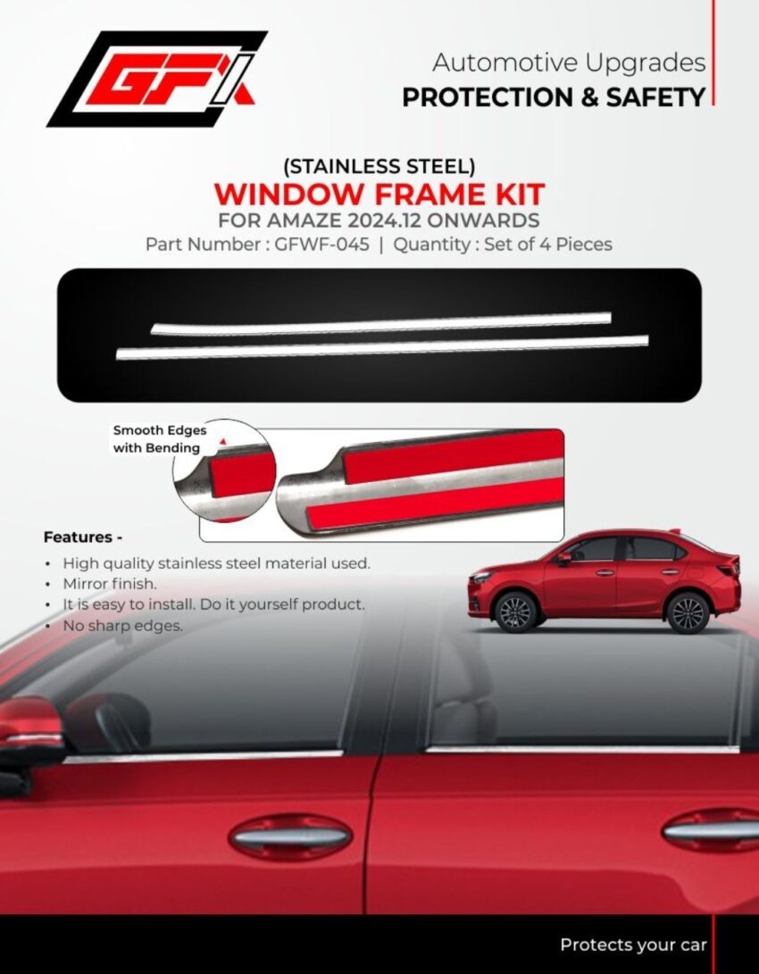 GFX Stainless Steel Window Frame Kit for Honda Amaze 2024.12 Onwards | Set of 4 Premium Car Styling Accessories