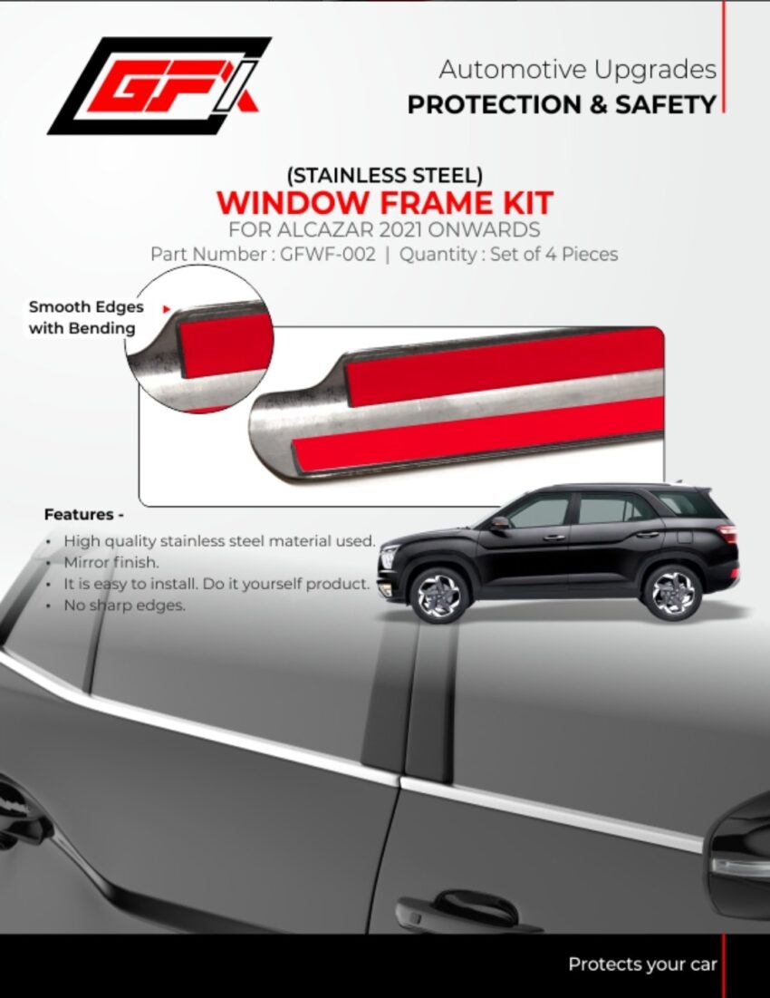 GFX Stainless Steel Window Frame Kit for Hyundai Alcazar 2021 Onwards – Premium Mirror Finish, Smooth Edges, Easy Installation (Set of 4 Pcs) - Image 2