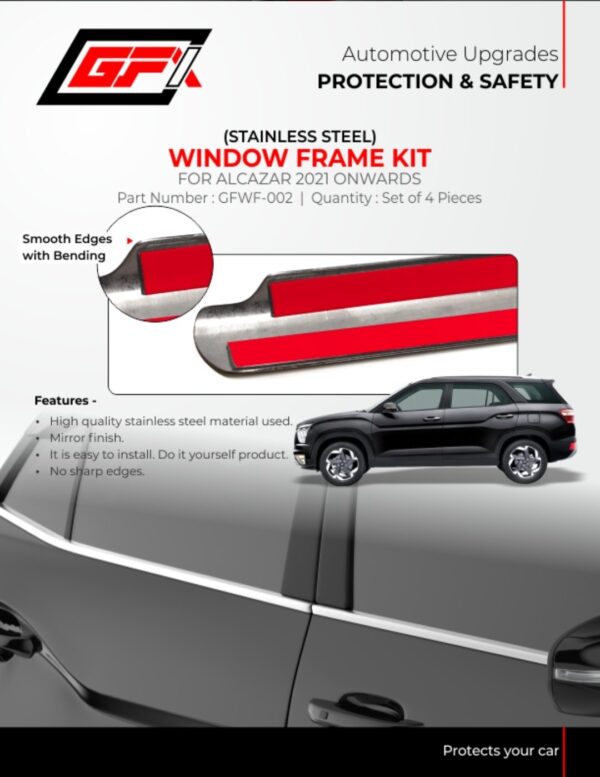 GFX Stainless Steel Window Frame Kit for Hyundai Alcazar 2021 Onwards – Premium Mirror Finish, Smooth Edges, Easy Installation (Set of 4 Pcs)
