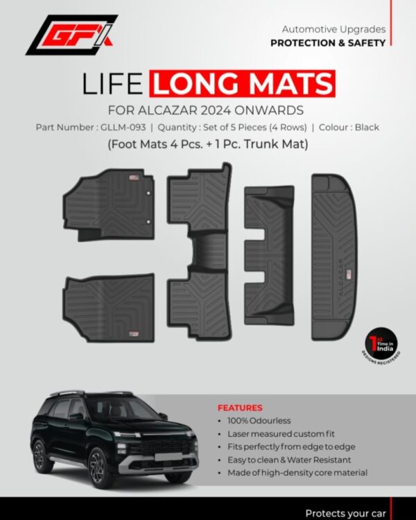 GFX Life Long Mats for Hyundai Alcazar 2024 Onwards (Set of 5 Pcs | 4 Rows + Trunk Mat) â_x0080__x0093_ Custom Fit, Waterproof & Durable