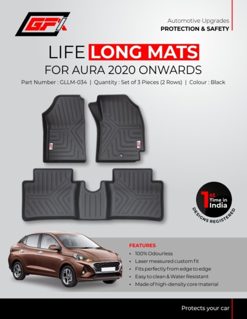 GFX Life Long Mats for Hyundai Aura 2020 Onwards (Set of 3 Pcs | 2 Rows) – Custom Fit, Waterproof & Durable - Image 2