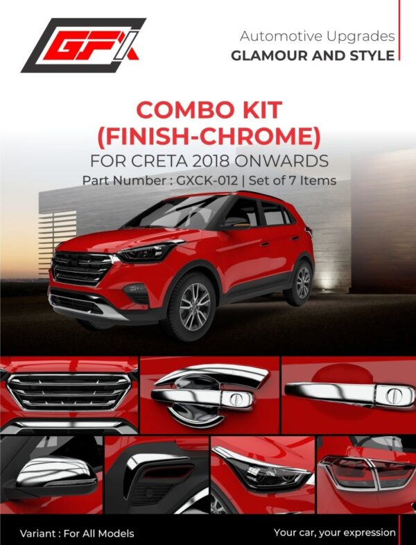 Combo Kit – Chrome (7-in-1) for Hyundai Creta 2018–2019 | Premium Chrome Car Accessories Set, Easy DIY Installation, Durable