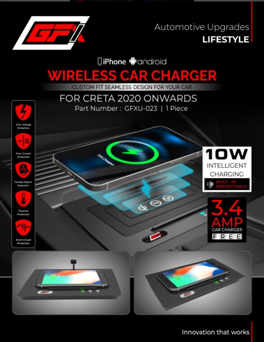 GFX Wireless Car Charger for Hyundai Creta 2020 Onwards – 10W, Console‑Fit (GFXU‑023) ⚡