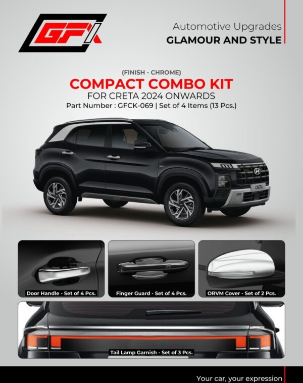 Chrome Compact Combo Kit for Hyundai Creta 2024 Onwards – Stylish Car Garnish Set (13 Pcs)
