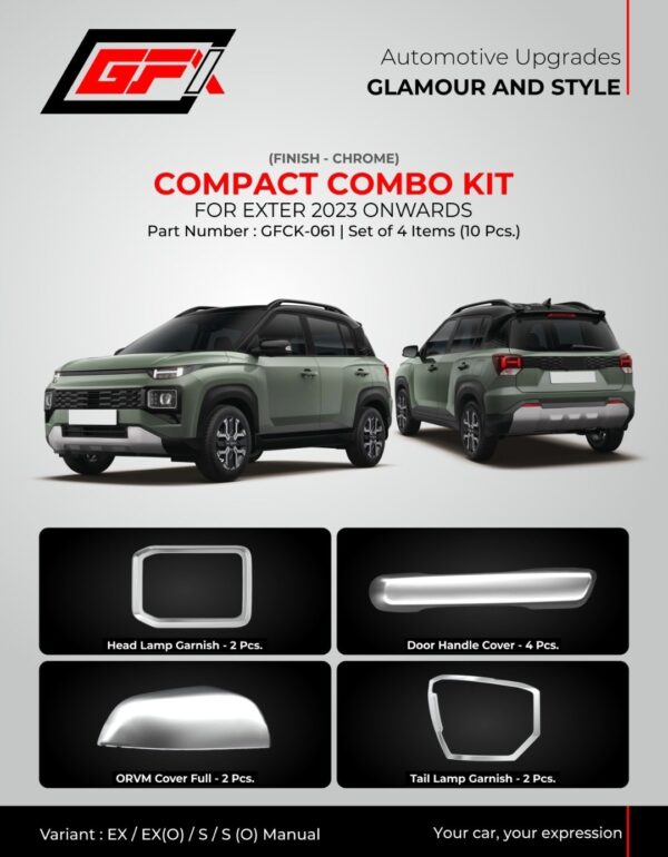 ✨ Hyundai Exter 2023 Onwards – Compact Combo Kit (Chrome Finish) | Set of 10 Pcs
