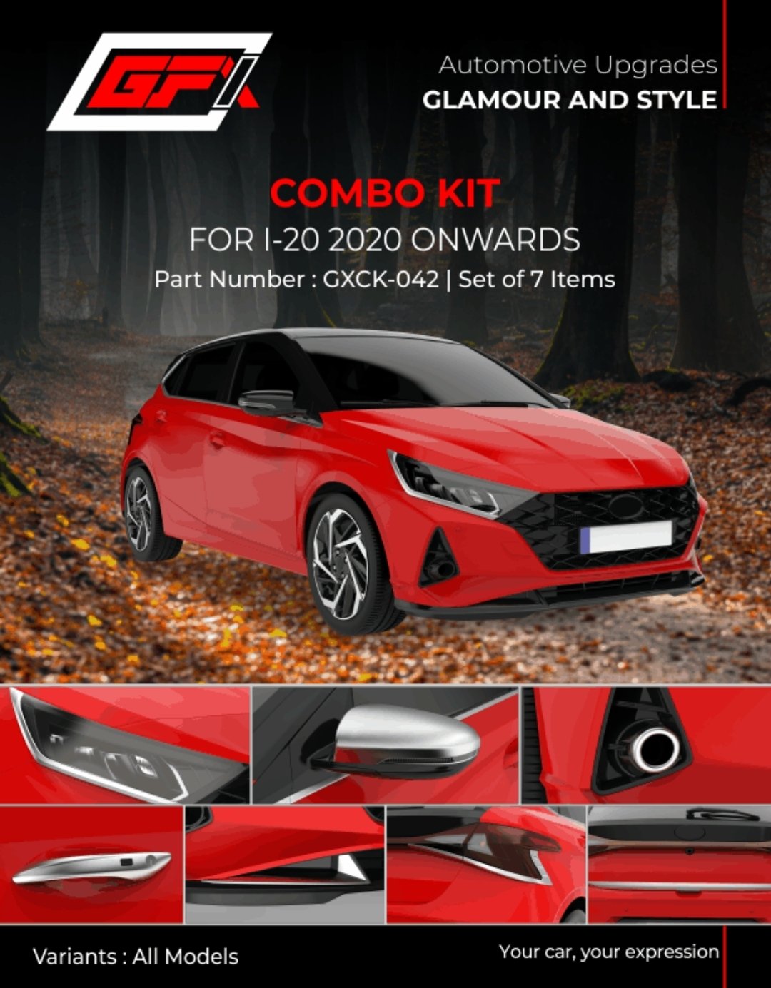Hyundai i20 (2020+) Chrome Combo Kit — 7-Piece Exterior Garnish (GXCK-042)