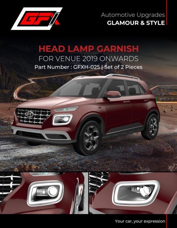 Hyundai Venue 2019+ Head Lamp Garnish – Chrome | Chrome Garnish | Set of 2 Pcs | Part GFXH-025