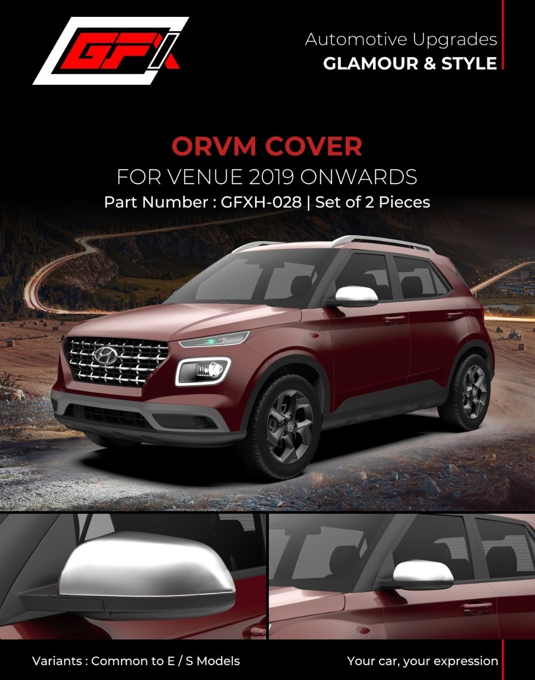 Hyundai Venue 2019+ ORVM Cover – Chrome | Chrome Garnish | Set of 2 Pcs | Part GFXH-028