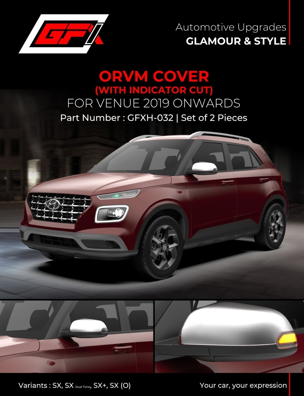 Hyundai Venue 2019+ ORVM Cover with Indicator Cut | Chrome Garnish | Set of 2 Pcs | Part GFXH-032