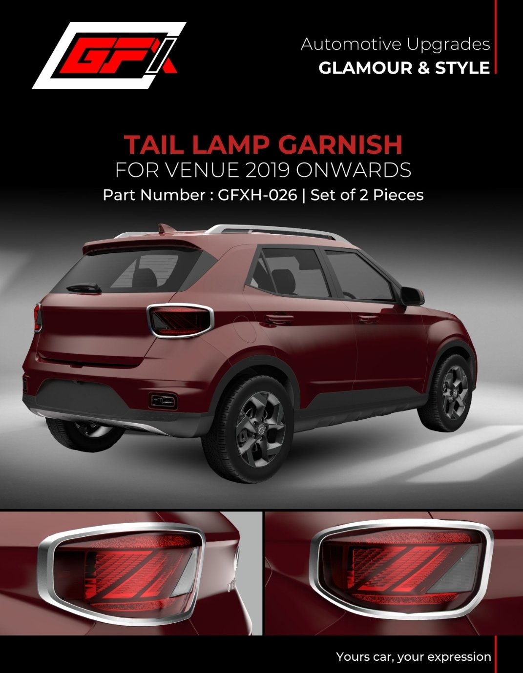 Hyundai Venue 2019+ Tail Lamp Garnish – Chrome | Chrome Garnish | Set of 2 Pcs | Part GFXH-026