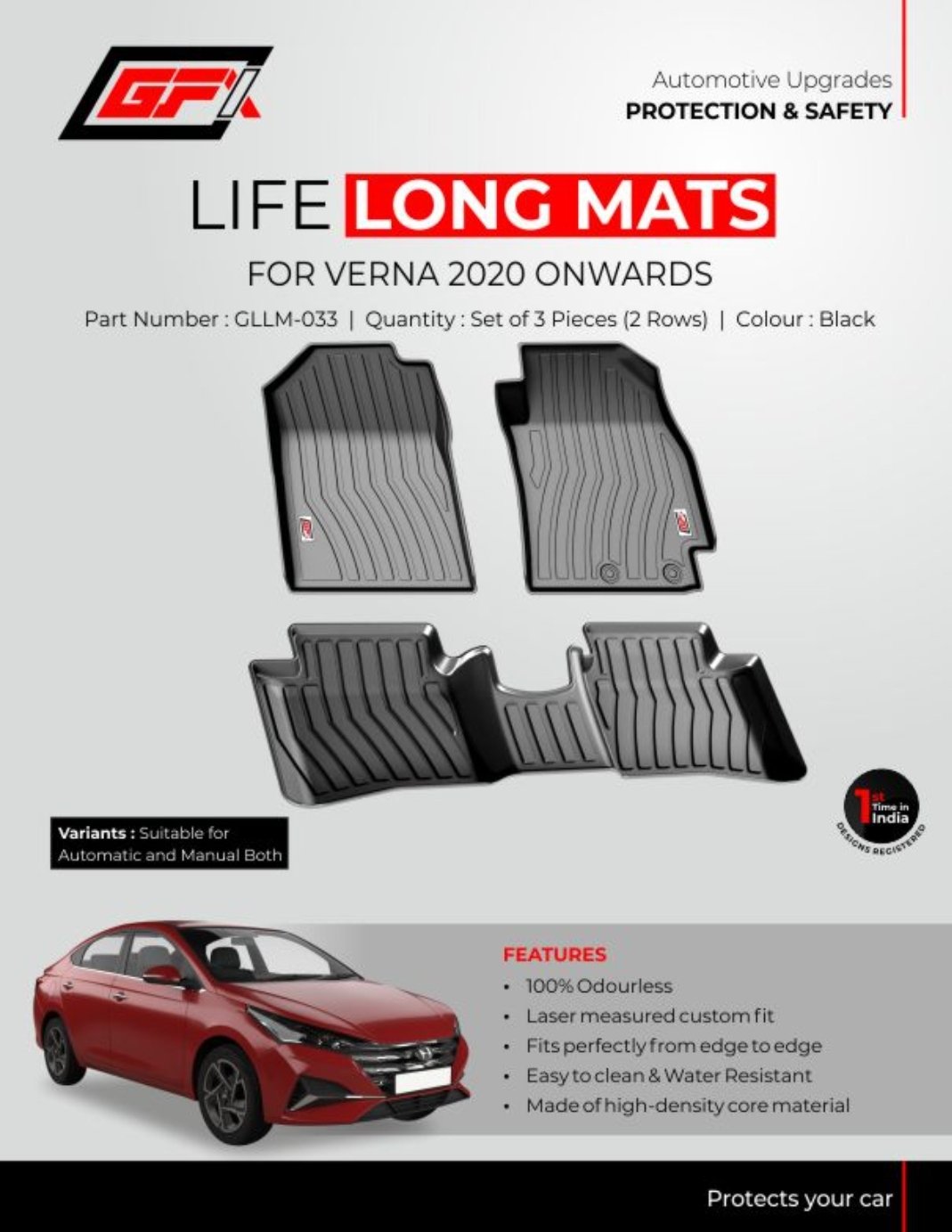 All-Weather Life Long Mats for Hyundai Verna 2020+ | Premium 3D Floor Mats – Set of 3 (2 Rows)