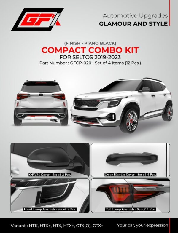 Kia Seltos Piano Black Compact Combo Kit (2019-2023) GFX GFCP-020 - Sleek Exterior De-Chrome Garnish