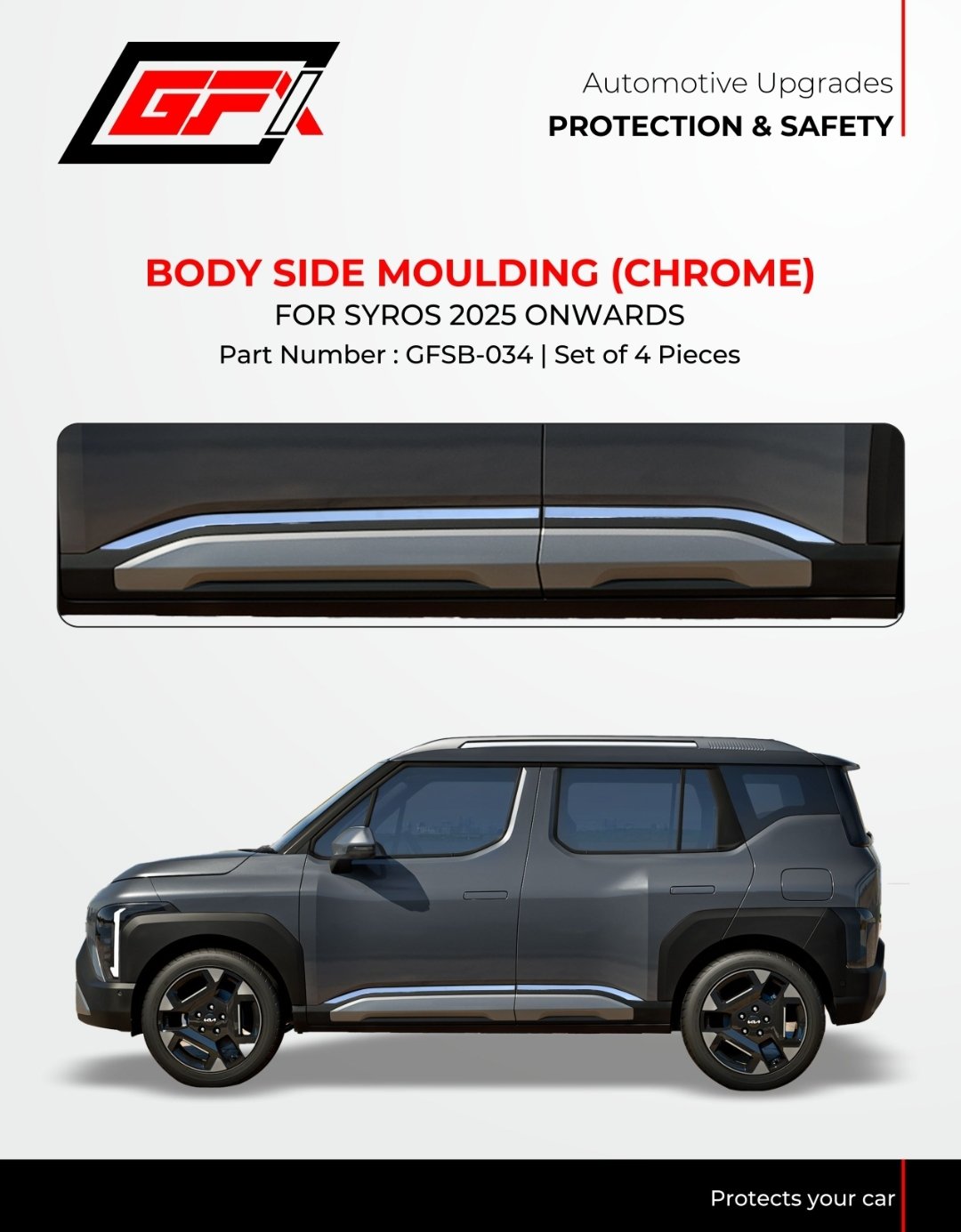 Premium Chrome Body Side Moulding for Kia Syros (2025-Present) - 4 Pcs Set | Protective Side Door Garnish | Stylish Exterior ModificationPremium Chrome Body Side Moulding for Kia Syros (2025-Present) - 4 Pcs Set | Protective Side Door Garnish | Stylish Exterior Modification
