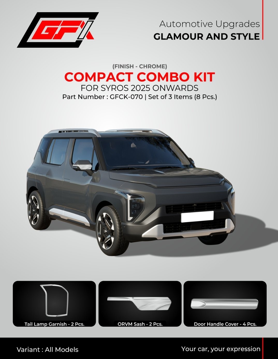 Premium Chrome Compact Combo Kit for Kia Syros (2025-Present) - 8 Pcs Set | Door Handle Covers, Tail Lamp Garnish & ORVM Sash