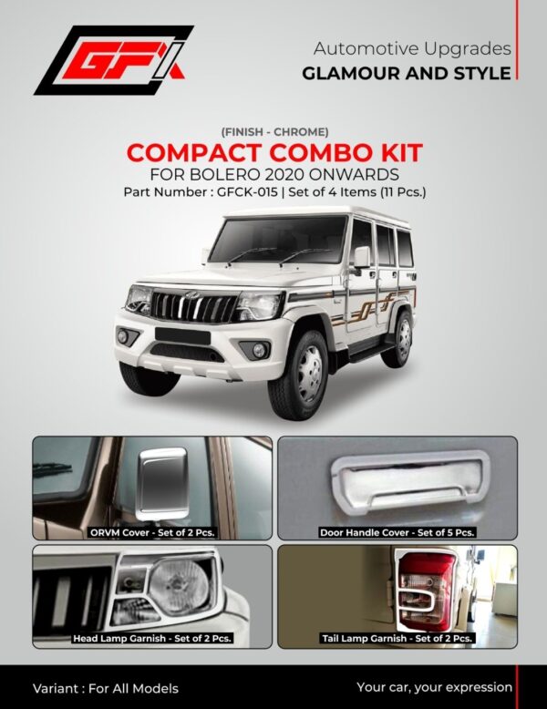 Chrome Finish Compact Combo Kit for Mahindra Bolero (2020-Onwards) - 11 Piece Premium Accessory Set
