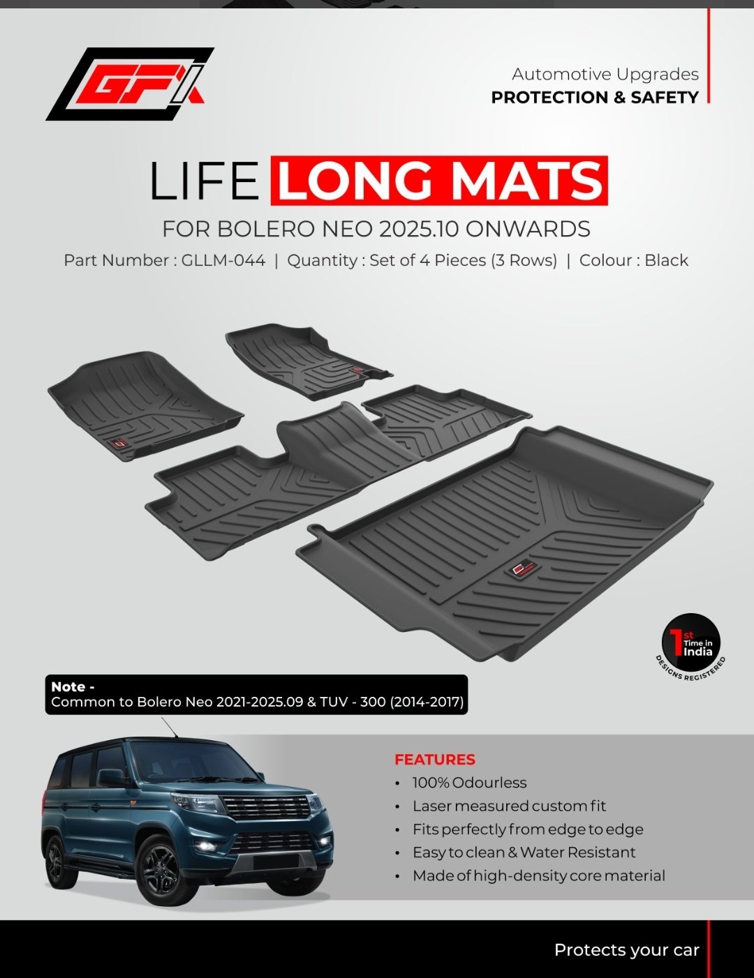GFX Life Long 3D Floor Mats for Mahindra Bolero Neo (2025.10 - Onwards) | Set of 4 Pcs (3 Rows), Black