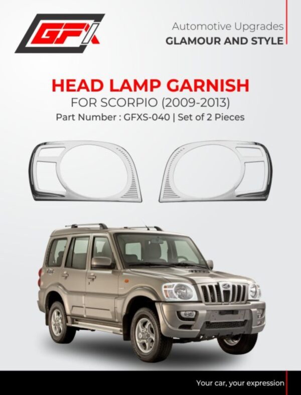 GFX Chrome Head Lamp Garnish for Mahindra Scorpio (2009-2013) – Stylish Front Light Trim (Set of 2)