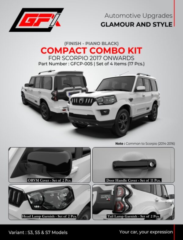 Mahindra Scorpio Piano Black Compact Combo Kit 2017 Onwards ā ORVM, Door Handle, Headlamp & Tail Lamp Garnish Set | Sporty Luxury Exterior Upgrade