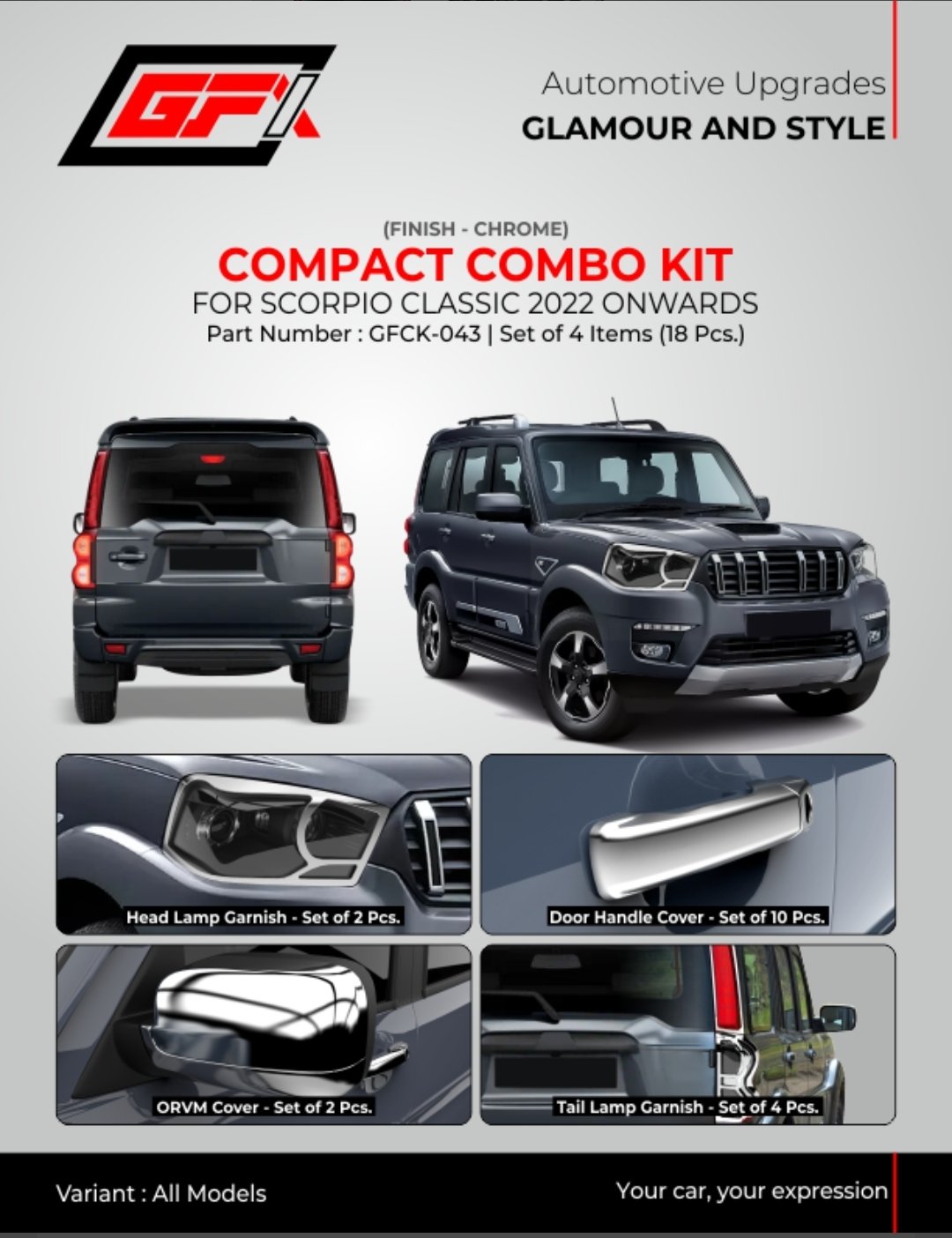 Premium Chrome Compact Combo Kit for Mahindra Scorpio Classic (2022+) | 18 Pcs Exterior Styling Set