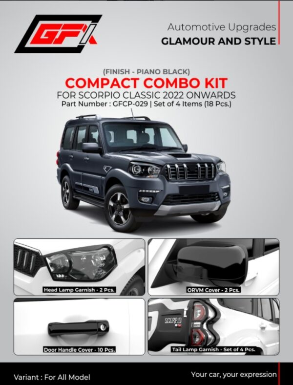 Premium Piano Black Compact Combo Kit for Mahindra Scorpio Classic (2022+) | 18 Pcs Exterior Styling Set