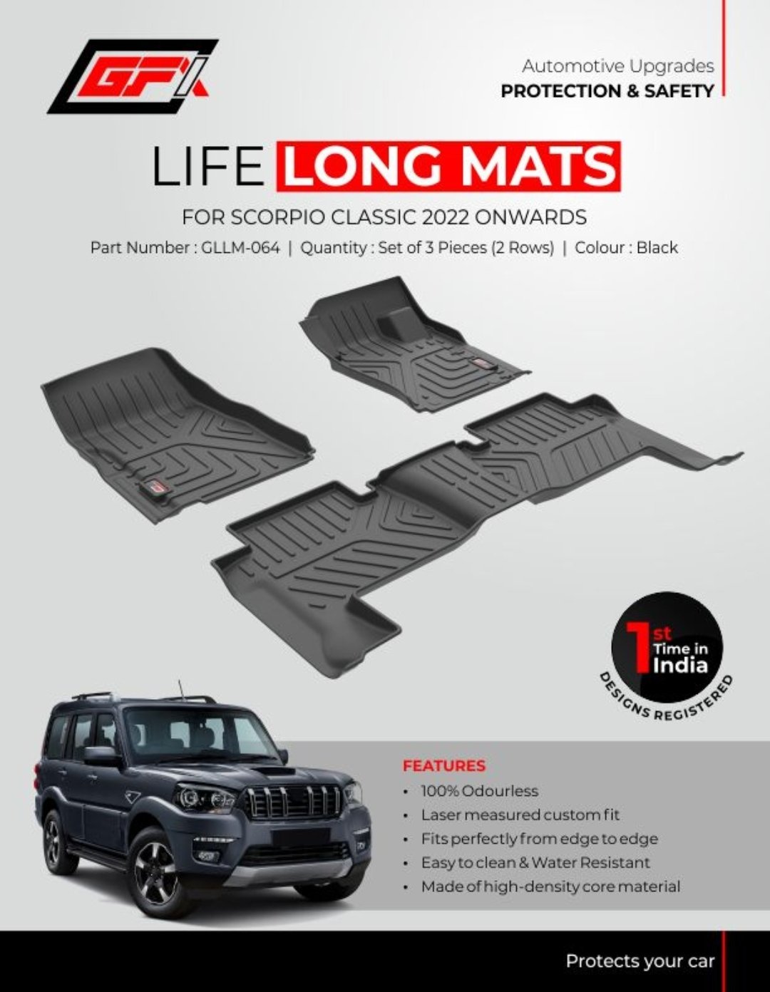 Premium Custom Fit Life Long Car Mats for Mahindra Scorpio Classic (2022+) | 3 Pcs Set | Black