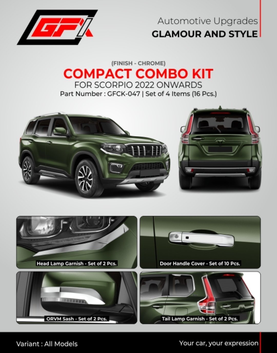 Premium Chrome Compact Combo Kit for Mahindra Scorpio-N (2022-Present) - 16 Pcs Exterior Garnish Styling Set