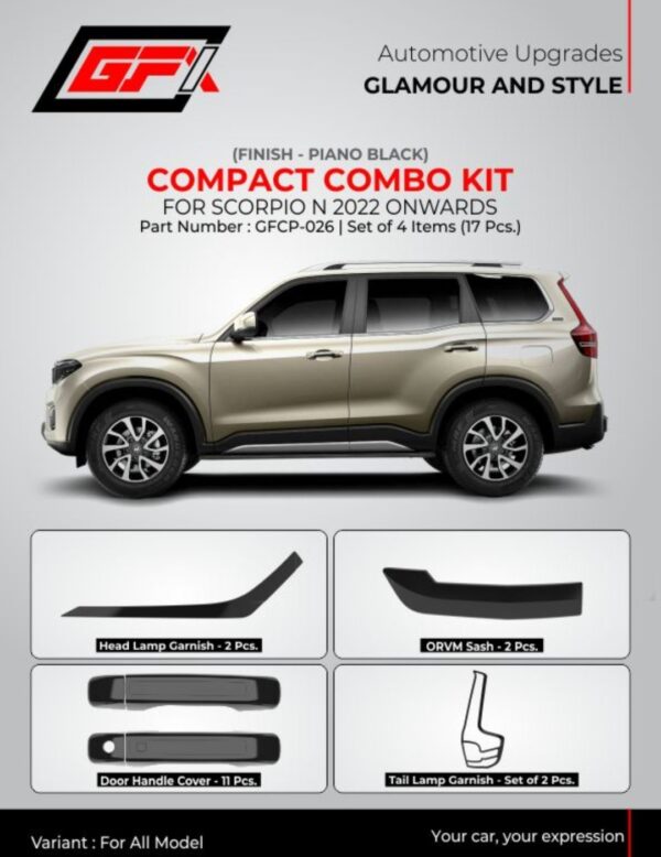 Premium Compact Combo Kit for Mahindra Scorpio-N (2022-Present) - Piano Black Finish Exterior Styling Set (17 Pcs)