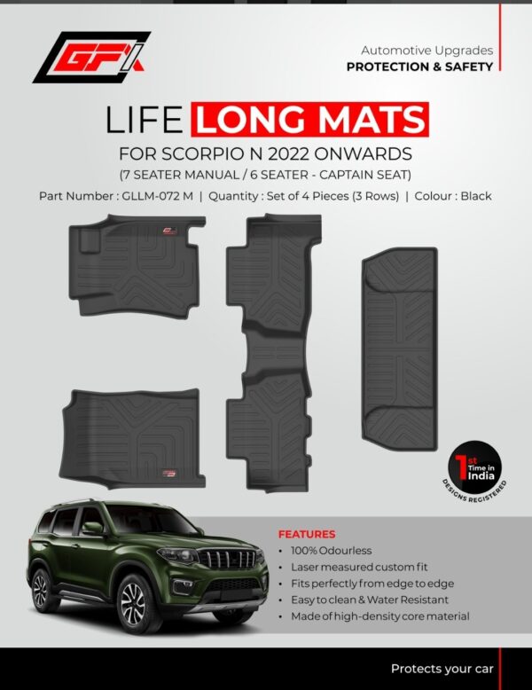 Premium Life Long Floor Mats for Mahindra Scorpio-N (2022-Present) - Custom Fit All-Weather 7-Seater/6-Seater Car Mats (Set of 4, 3 Rows)