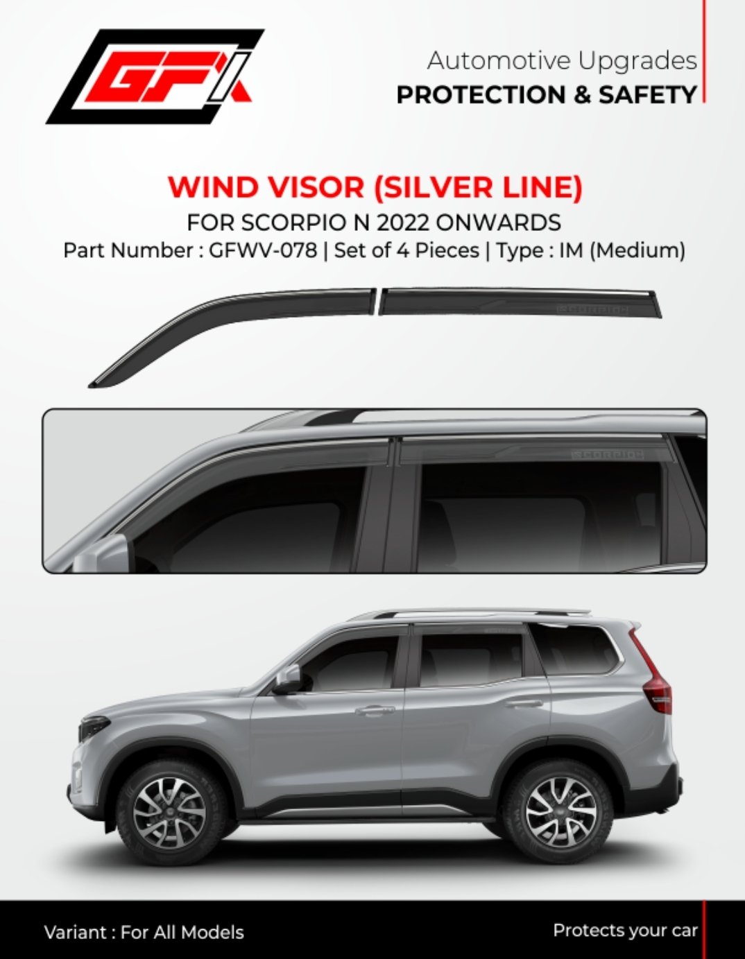 Premium Wind Visor Silver Line for Mahindra Scorpio-N (2022-Present) - Rain Guard Deflector Set (4 Pcs)
