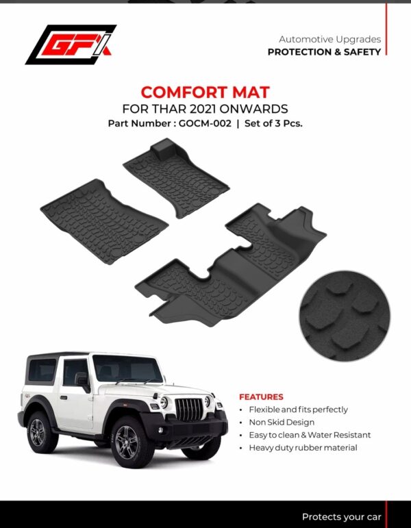 GFX Comfort Mat for Mahindra Thar (2021-Onwards) | Heavy-Duty Rubber Floor Mats | Set of 3 Pieces | Waterproof & Non-Skid