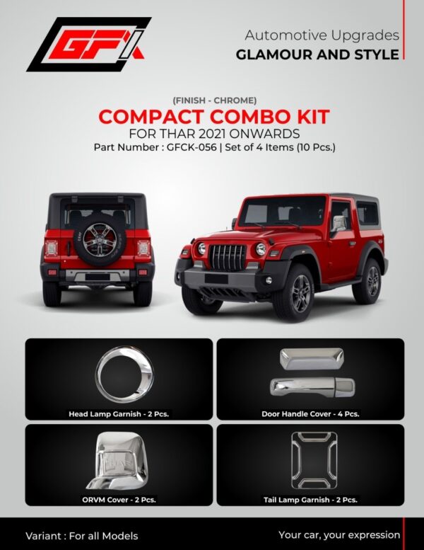 GFX Chrome Compact Combo Kit for Mahindra Thar (2021-Onwards) | Premium 10-Piece Exterior Styling Set