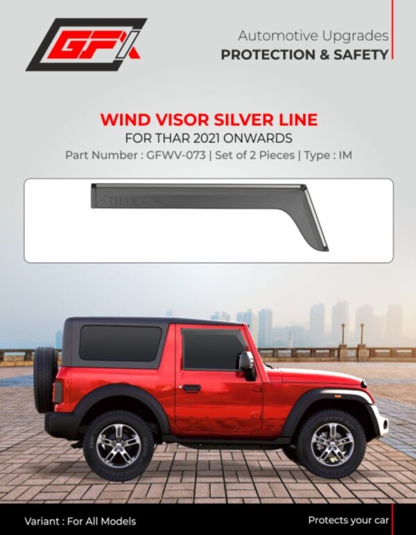 Premium GFX Wind Visor Silver Line for Mahindra Thar (2021-Onwards) | Set of 2 | Rain Guard & Sun Deflector