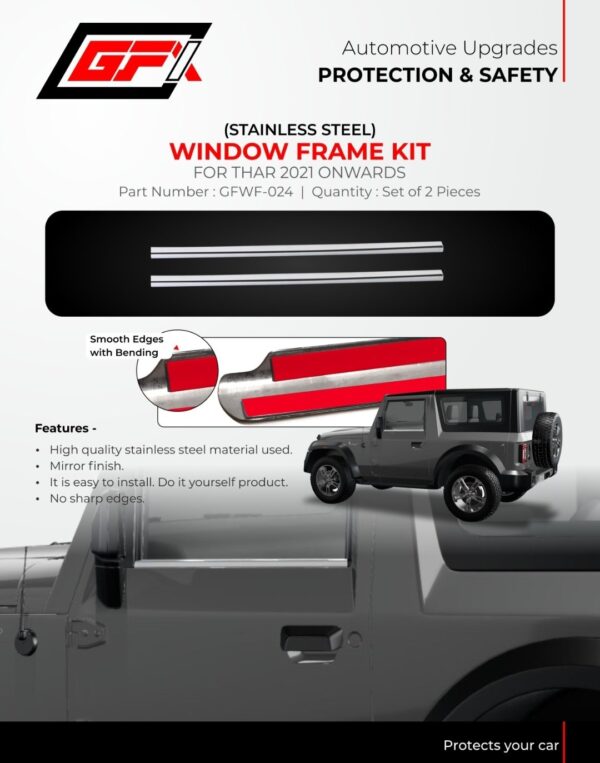 Premium Stainless Steel Window Frame Kit for Mahindra Thar (2021-Present) | GFX Mirror Finish - Set of 2