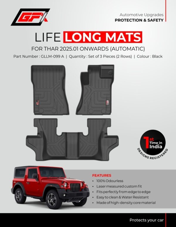 GFX Life Long All-Weather Floor Mats for Mahindra Thar (2025-2026+) | Manual Transmission | 3-Piece Set