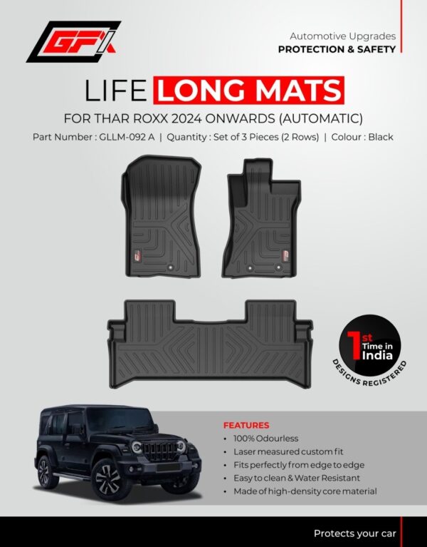 Premium Life Long Floor Mats for Mahindra Thar ROXX (2024+) Automatic - Set of 3 | CCT-GLLM-092A