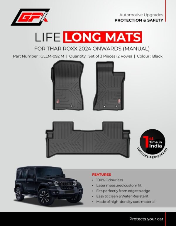 Luxury Life Long Floor Mats for Mahindra Thar ROXX (2024+) Manual - Set of 3 (2 Rows) | CCT-GLLM-092M