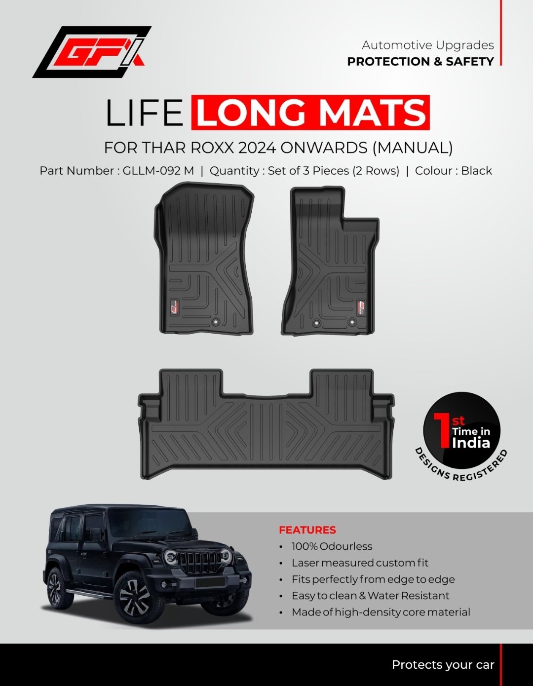 Luxury Life Long Floor Mats for Mahindra Thar ROXX (2024+) Manual - Set of 3 (2 Rows) | CCT-GLLM-092M