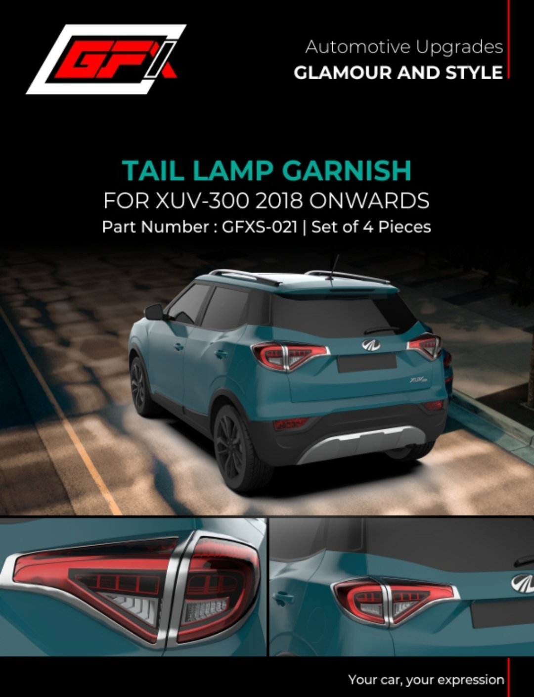 Mahindra XUV 300 Chrome Tail Lamp Garnish (2019-Present) - Premium GFX Tail Light Cover - Set of 4 Pcs