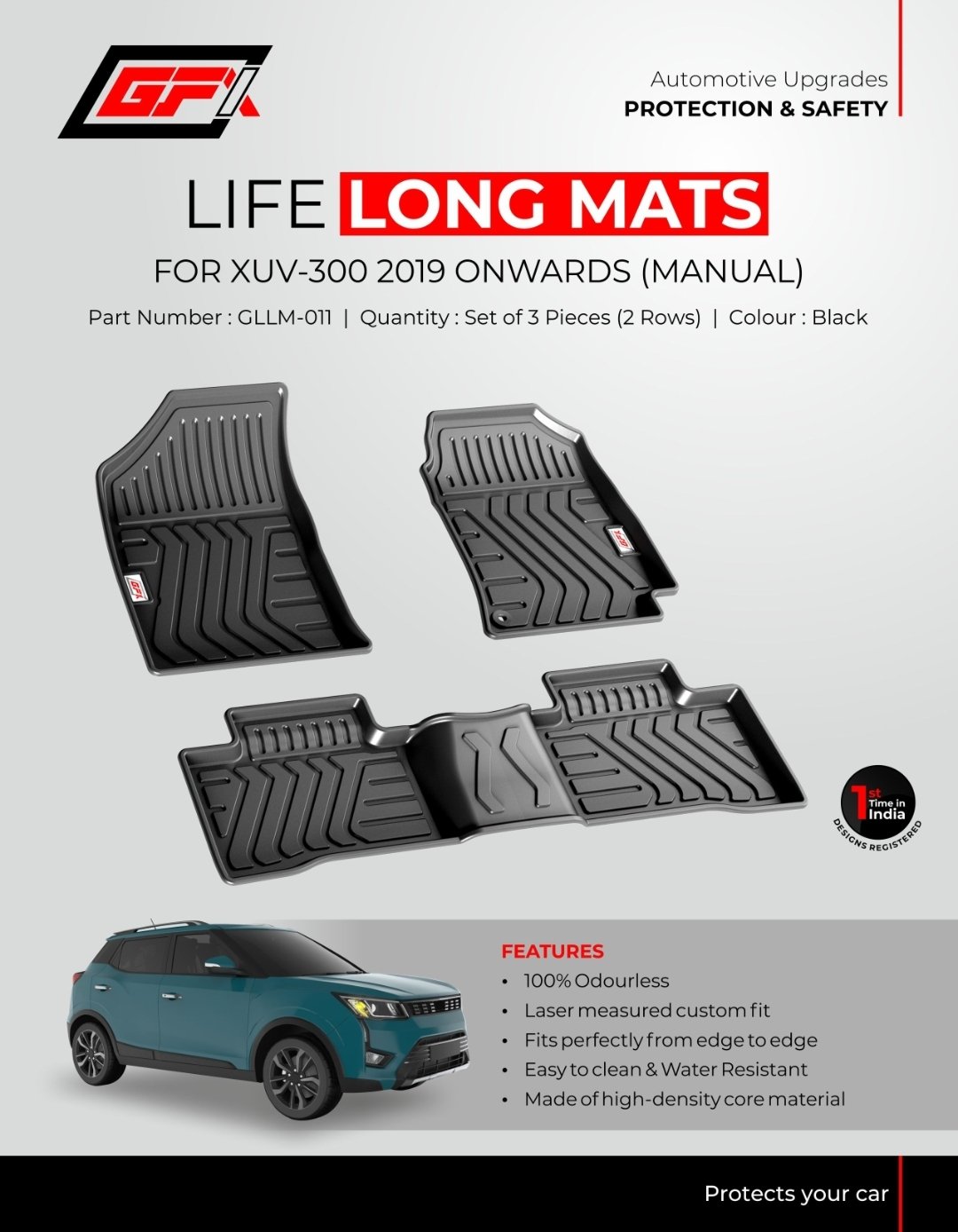 GFX Life Long 3D Floor Mats for Mahindra XUV 300 (2019-Present) | Custom Fit, Waterproof & Odorless (Manual Transmission)